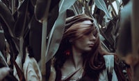 a woman in a corn field with her hair blowing in the wind